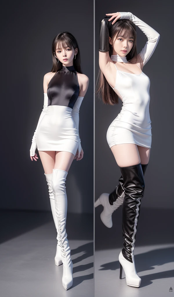 8K, masterpiece, RAW Photos, Highest quality, detailed:1.2),Realistic, Extremely detaileded CG unifies 8K, 8K, diamond, wallpaper, Written boundary depth, (Bright bedroom:1.2), Ray Tracing, (Very beautiful face, Beautiful Lips, Beautiful Eyes), intricate detailed face, ((ultra detaileded skin)) One Girl, Cute Korean Girl, K-POPアイドル,(Slim figure), ((Viewer Display)), (Bodycon mini dress),(High neck),(Injection Sleeve:1.1),(Silk mini dress:1.5) ,(Opera Gloves:1.5),(Knee-high boots:1.5),Cute Korean Girl,Clear Eyes, walking , (Pale skin), (Big eyes), ((Full Body Shot:1.5)), Bodycon mini dress, Tight mini dress , Colorful mini dresses, Plain Dress, Turn back, Side Shot, Slim figure, Healthy Thighs, Thigh Gap、(Place your arms behind your head:1.3)