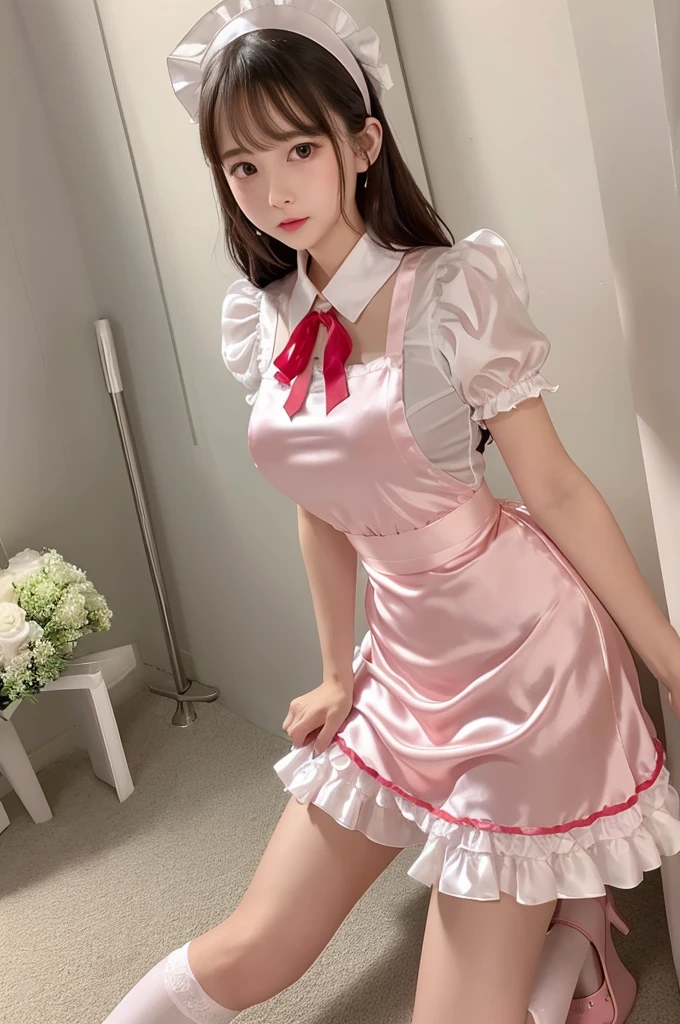 Highest quality、Shiny silk short sleeve puff sleeve pink maid outfit、See-through、Very short skirt、Voluminous red ribbon、Round collar、A short white ruffled apron、White garter belt with ribbon、Pink high heels with ribbon、Large headband with ribbon、Flushed Cheeks、Embarrassed look、White underwear、Soaking wet、Pool、Facing forward、Spread your legs