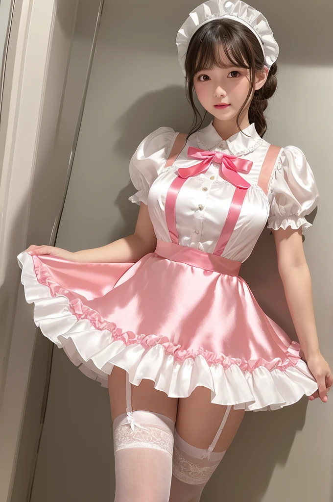 Highest quality、Shiny silk short sleeve puff sleeve pink maid outfit、See-through、Very short skirt、Voluminous red ribbon、Round collar、A short white ruffled apron、White garter belt with ribbon、Pink high heels with ribbon、Large headband with ribbon、Flushed Cheeks、Embarrassed look、White underwear、Soaking wet、Pool、Facing forward、Spread your legs