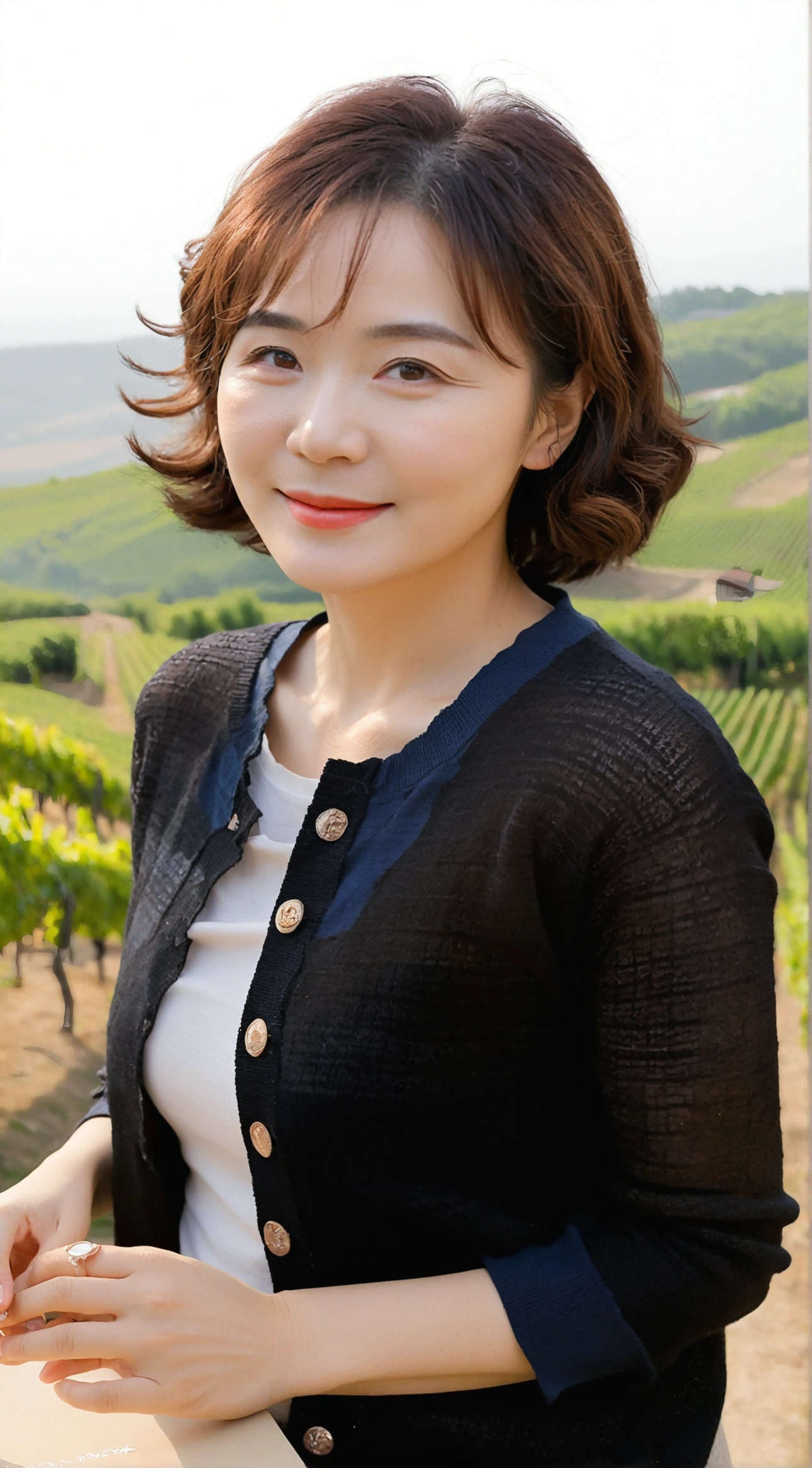 8k best picture quality, Beautiful 36-year-old Korean woman, You have good skin and big and pretty eyes... Chest size 34 inches, italian countryside, past the vineyard, The cathedral can be seen in the distance in the thick fog..., The background is realistic and vivid quality.., Short and medium hair blowing in the wind, I neatly wore a short cardigan over a knit that went up to my neck... white casual pants, smile. the background is clear, Short and slim Korean woman, stand far away, Photo taken with a wide-angle lens, A woman with big and pretty eyes, eyes are round and big, Taken while standing on a hill overlooking a vineyard, The red light before the morning sun rises is soft..