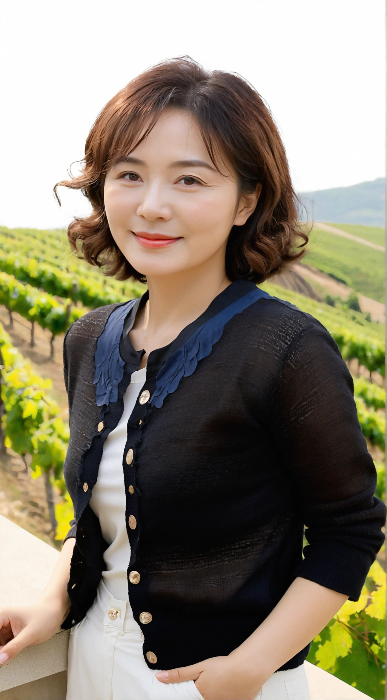 8k best picture quality, Beautiful 36-year-old Korean woman, You have good skin and big and pretty eyes... Chest size 34 inches, italian countryside, past the vineyard, The cathedral can be seen in the distance in the thick fog..., The background is realistic and vivid quality.., Short and medium hair blowing in the wind, I neatly wore a short cardigan over a knit that went up to my neck... white casual pants, smile. the background is clear, Short and slim Korean woman, stand far away, Photo taken with a wide-angle lens, A woman with big and pretty eyes, eyes are round and big, Taken while standing on a hill overlooking a vineyard, The red light before the morning sun rises is soft..