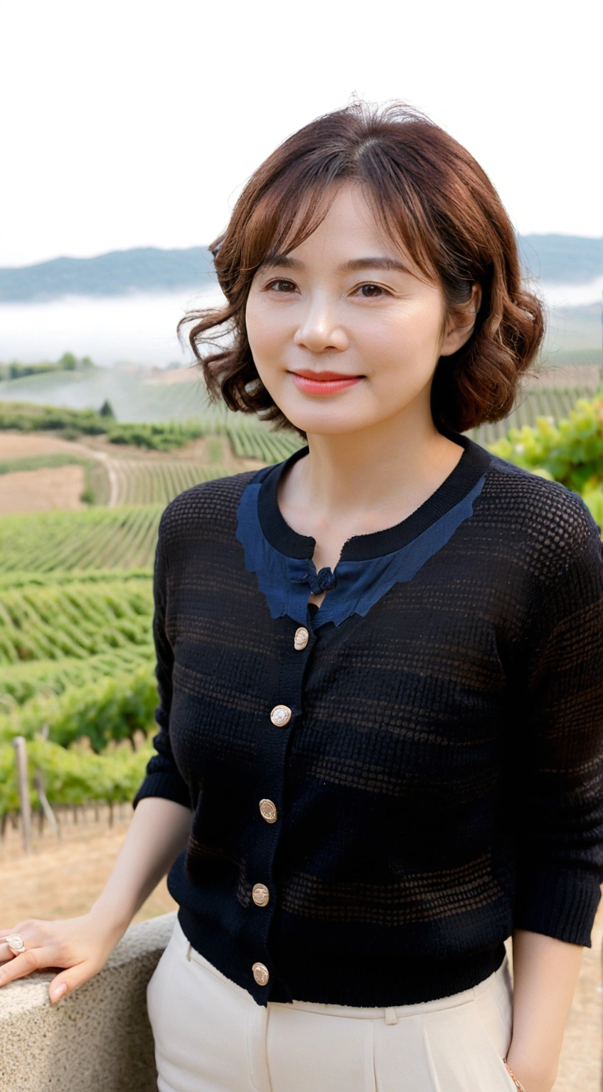 8k best picture quality, Beautiful 36-year-old Korean woman, You have good skin and big and pretty eyes... Chest size 34 inches, italian countryside, past the vineyard, The cathedral can be seen in the distance in the thick fog..., The background is realistic and vivid quality.., Short and medium hair blowing in the wind, I neatly wore a short cardigan over a knit that went up to my neck... white casual pants, smile. the background is clear, Short and slim Korean woman, stand far away, Photo taken with a wide-angle lens, A woman with big and pretty eyes, eyes are round and big, Taken while standing on a hill overlooking a vineyard, The red light before the morning sun rises is soft..