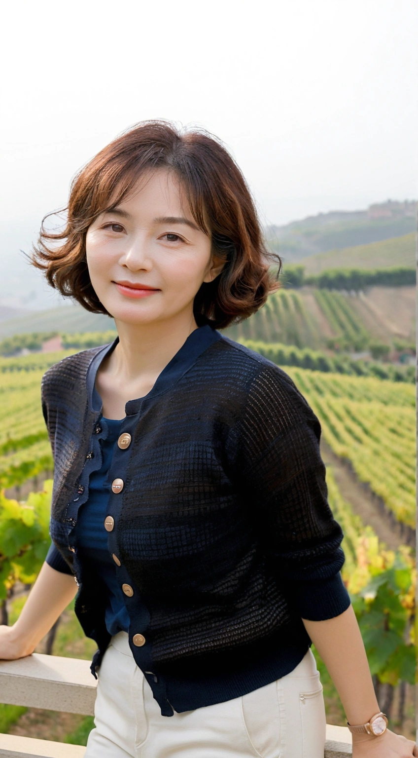 8k best picture quality, Beautiful 36-year-old Korean woman, You have good skin and big and pretty eyes... Chest size 34 inches, italian countryside, past the vineyard, The cathedral can be seen in the distance in the thick fog..., The background is realistic and vivid quality.., Short and medium hair blowing in the wind, I neatly wore a short cardigan over a knit that went up to my neck... white casual pants, smile. the background is clear, Short and slim Korean woman, stand far away, Photo taken with a wide-angle lens, A woman with big and pretty eyes, eyes are round and big, Taken while standing on a hill overlooking a vineyard, The red light before the morning sun rises is soft..