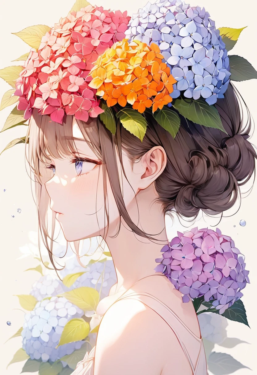 minimal art, best quality, super fine, 16k, 2.5D, delicate and dynamic depiction, hydrangeas, warm colors, suffocating scents