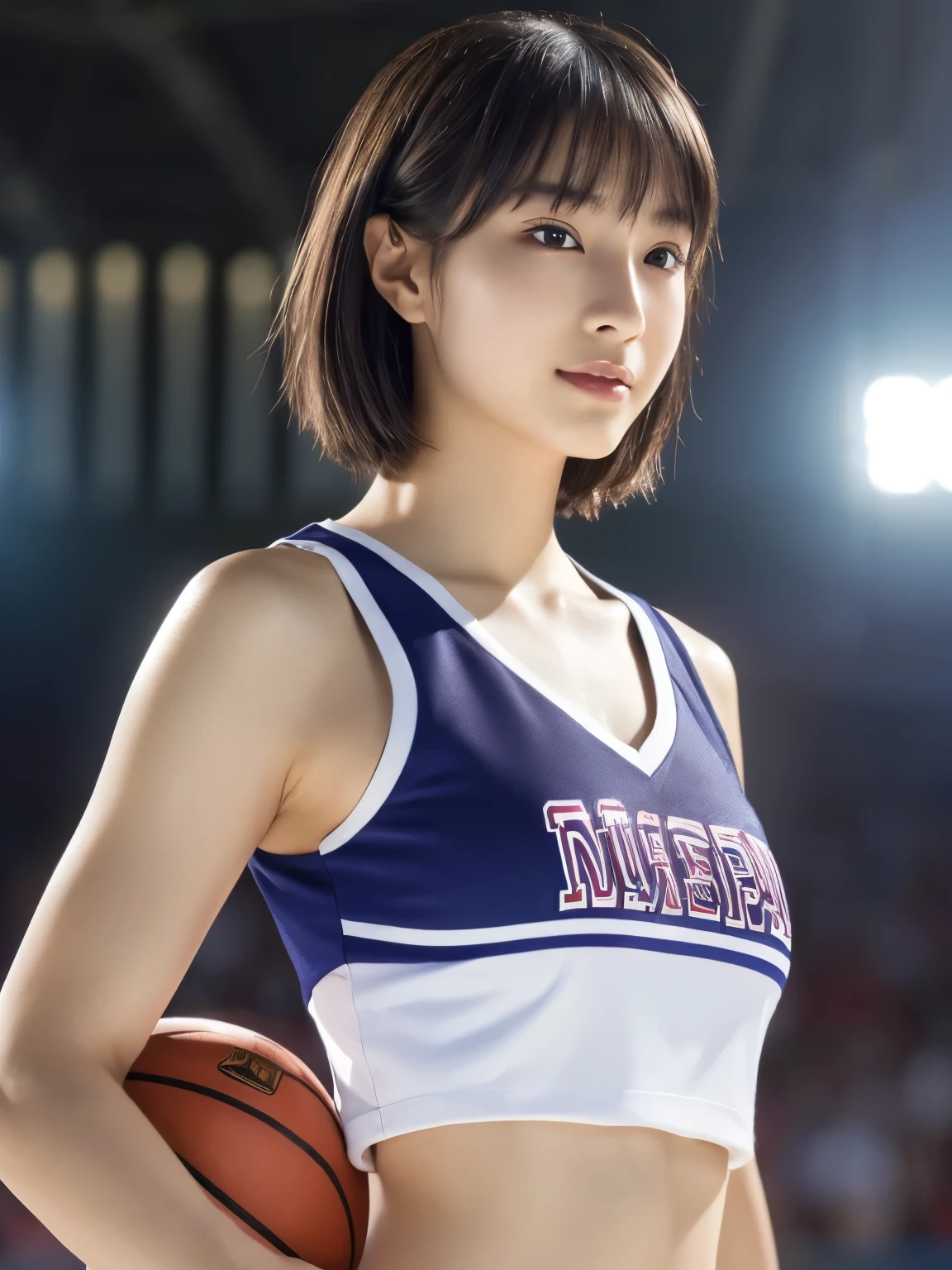 (Cheerleader:1.2),(beautiful girl:1.3), (), (Highest quality:1.4), (Very detailed), (Very detailed美しい顔), (Sweat:1.2), (Dance 1.3), (Look Away:1.5), (Cheerleaderの衣装:1.3), smile, Symmetrical eyes, White skin, Great face, iris, Short Bob Hair, (Skinny body type:1.2), (Flat Chest:1.2),Smooth, Very detailed CG 統合 8k 壁紙, High-resolution RAW color photos, Professional photography, Light, BackLight, dream-like, impressive, Written boundary depth, Basketball court, Cowboy Shot