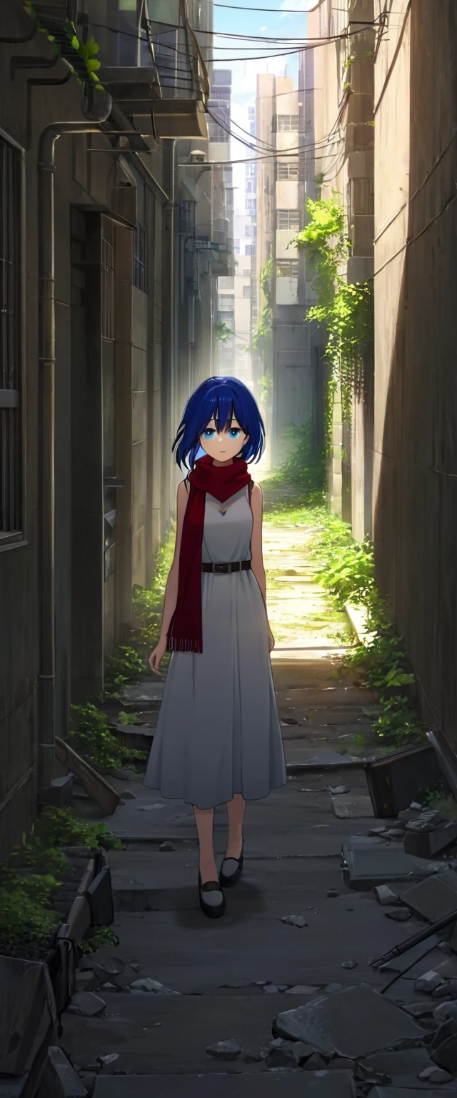 A young anime girl with short blue hair and blue eyes stands in an urban alleyway. She is wearing a white sleeveless dress that has a belt at the waist, and she has a large red scarf wrapped around her neck. The girl has a pensive and somewhat melancholic expression on her face. The alleyway is narrow and slightly run-down, with some debris and vegetation visible on the ground. The scene is lit by sunlight, casting shadows and creating a realistic atmosphere. The background includes some buildings and a few power lines, enhancing the urban setting