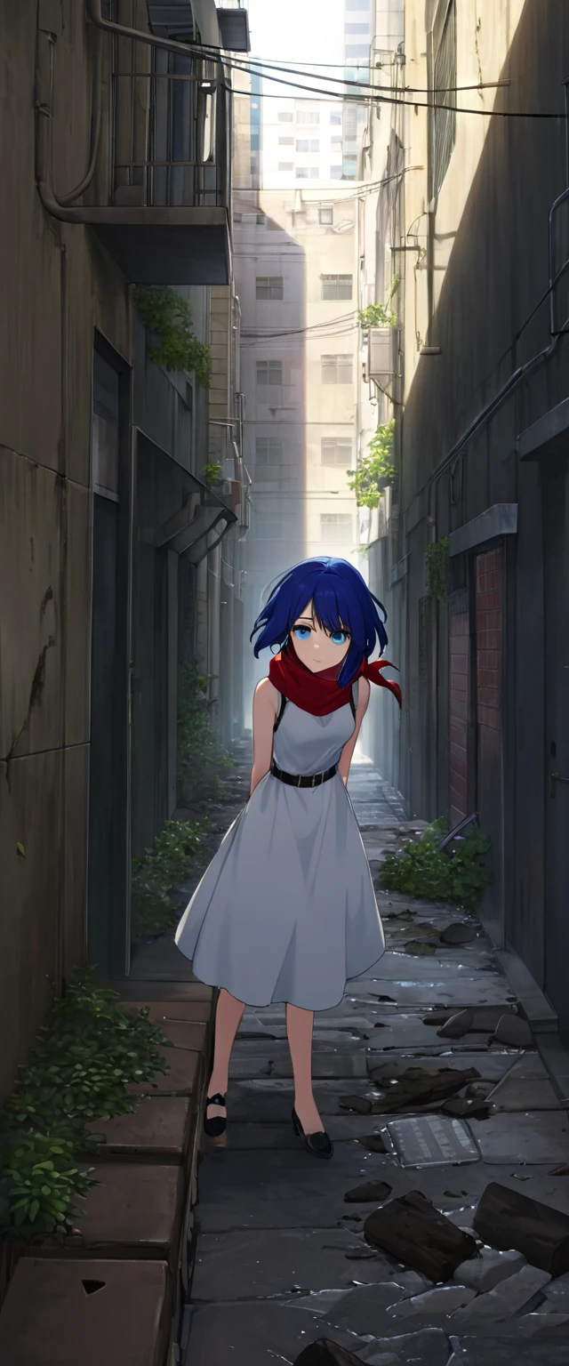 A young anime girl with short blue hair and blue eyes stands in an urban alleyway. She is wearing a white sleeveless dress that has a belt at the waist, and she has a large red scarf wrapped around her neck. The girl has a pensive and somewhat melancholic expression on her face. The alleyway is narrow and slightly run-down, with some debris and vegetation visible on the ground. The scene is lit by sunlight, casting shadows and creating a realistic atmosphere. The background includes some buildings and a few power lines, enhancing the urban setting