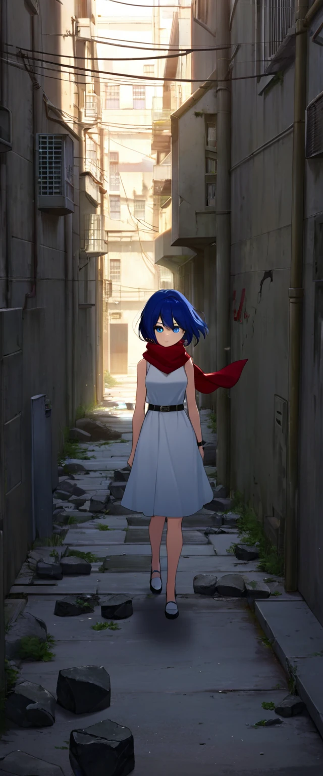 A young anime girl with short blue hair and blue eyes stands in an urban alleyway. She is wearing a white sleeveless dress that has a belt at the waist, and she has a large red scarf wrapped around her neck. The girl has a pensive and somewhat melancholic expression on her face. The alleyway is narrow and slightly run-down, with some debris and vegetation visible on the ground. The scene is lit by sunlight, casting shadows and creating a realistic atmosphere. The background includes some buildings and a few power lines, enhancing the urban setting