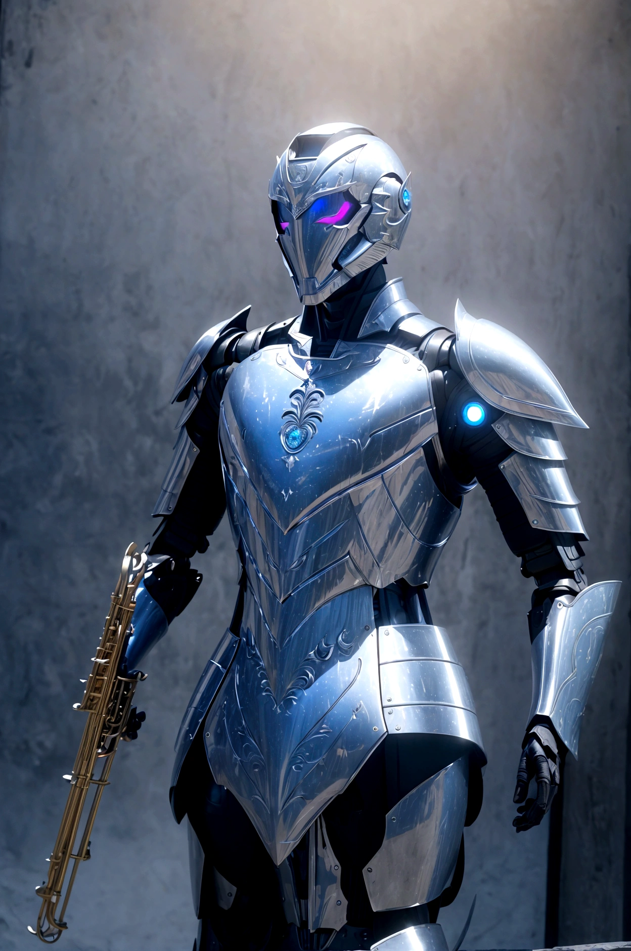 (masterpiece:1.2), best quality, High resolution, unified 8k wallpaper, (illustration:1.0), Beautiful detailed, Very detailed, Perfect lighting, Very detailed CG,luminescent eyes,Backlight, , armor, Forged_trumpet, luminescent, full_armor,war frame,Humanoid_robot,trumpet,helmet,mask,sample_background,arms, monster, blue_armor,, looking at the audience,alone,view,