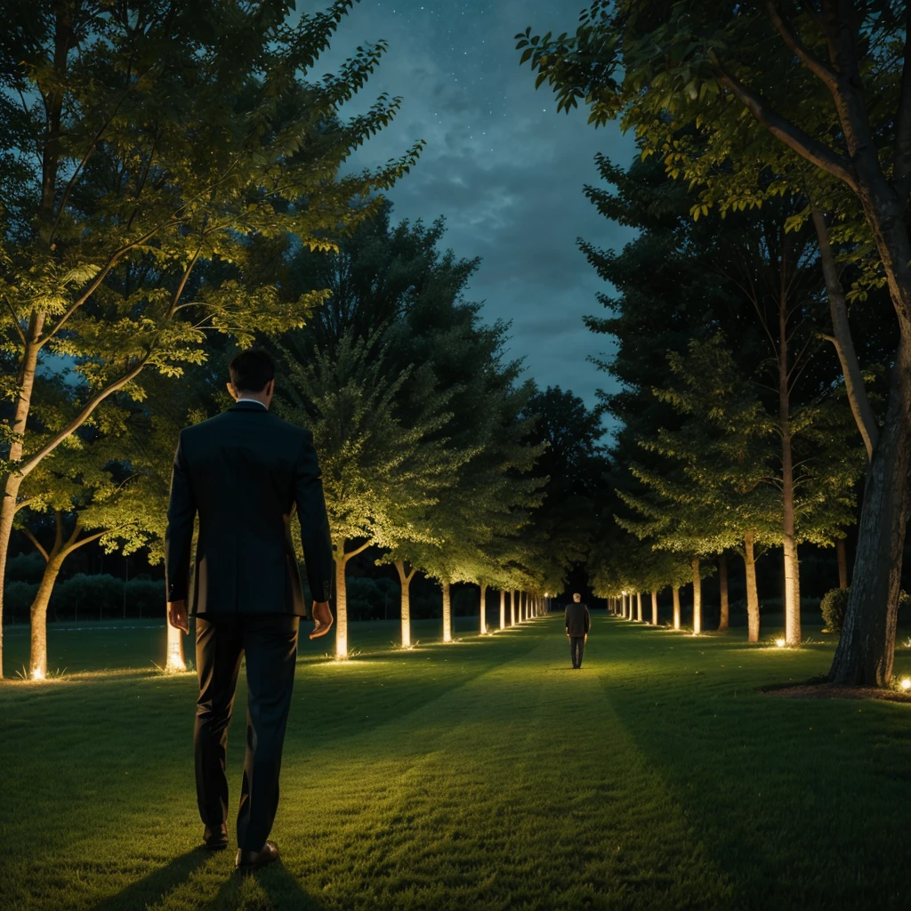 A man walking staight in midnight with shinning glow moom and behind green grass background trees side 