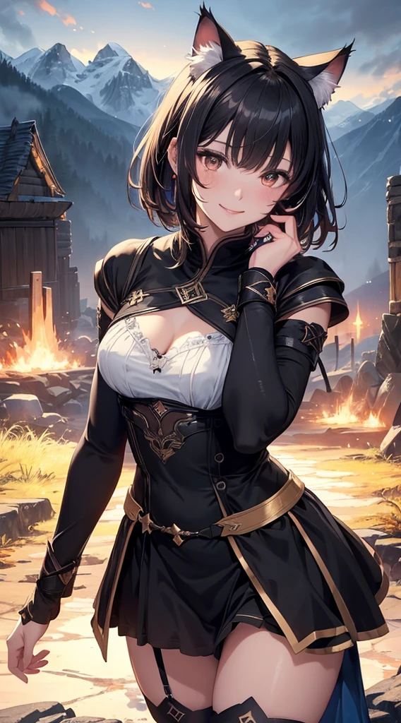 beautiful details한 소녀, clear and beautiful, glowing skin, female, no, young, 20 years, Short hair, Short hair, black hair, ((brilliant white, black greek costume)) beautiful details, warm face, beautiful and delicate eyes, middle 가슴, brown eyes, real skin texture, Very nice 8KCG wallpaper, Very cool 8K CG wallpaper, Watercolor (middle), female warrior, (((cat ears))), (((dark, dark Night, midnight))) (((nature background, mountain, wood))), ((outdoors)), upper body cut, Costume colors are colorful and saturated.., bright smile, calm posture, Informative pose, kindness, Subtle expressions