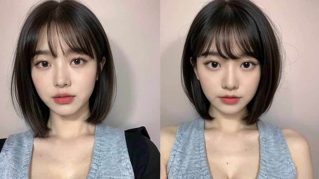 (real, high resolution:1.3), A girl with a perfect body, Very nice face and eyes,Short Bob, Random color vest:1.2, short hair, Large Breasts,Showing cleavage,With bangs