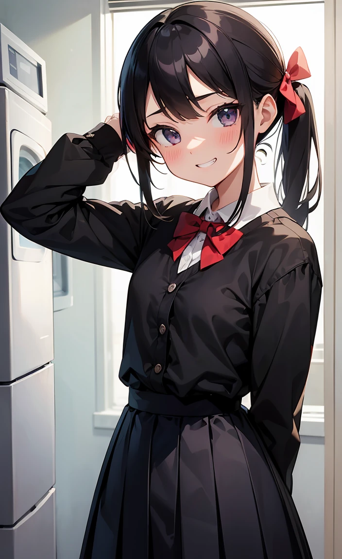 One girl,
Laundry room,washing machine, Laundry basket, a few underwears are in a Laundry basket,Laundry basketの中に下着が入っている
金髪, {{{Half Twin Tail:1.3}}}、break,blush, bow, 赤いbow, Long sleeve, shirt, 襟付きのshirt, skirt, プリーツskirt, 黒いskirt, Small breasts,
{{{Face close-up}}},Upper Body,
Look down,View your viewers,
Tabletop, Highest quality, , Absurd, Perfect Skin, Detailed skin texture, Ultra-detailed, 8K, Intricate details, Beautifully detailed face,High resolution,
{{{Shadowed face}}}, mock, {{{Grit your teeth:1.2}}}, Grin, smile, Looking down at the viewer, masterpiece,Absurd, Beautiful detailed face when viewed from the front,