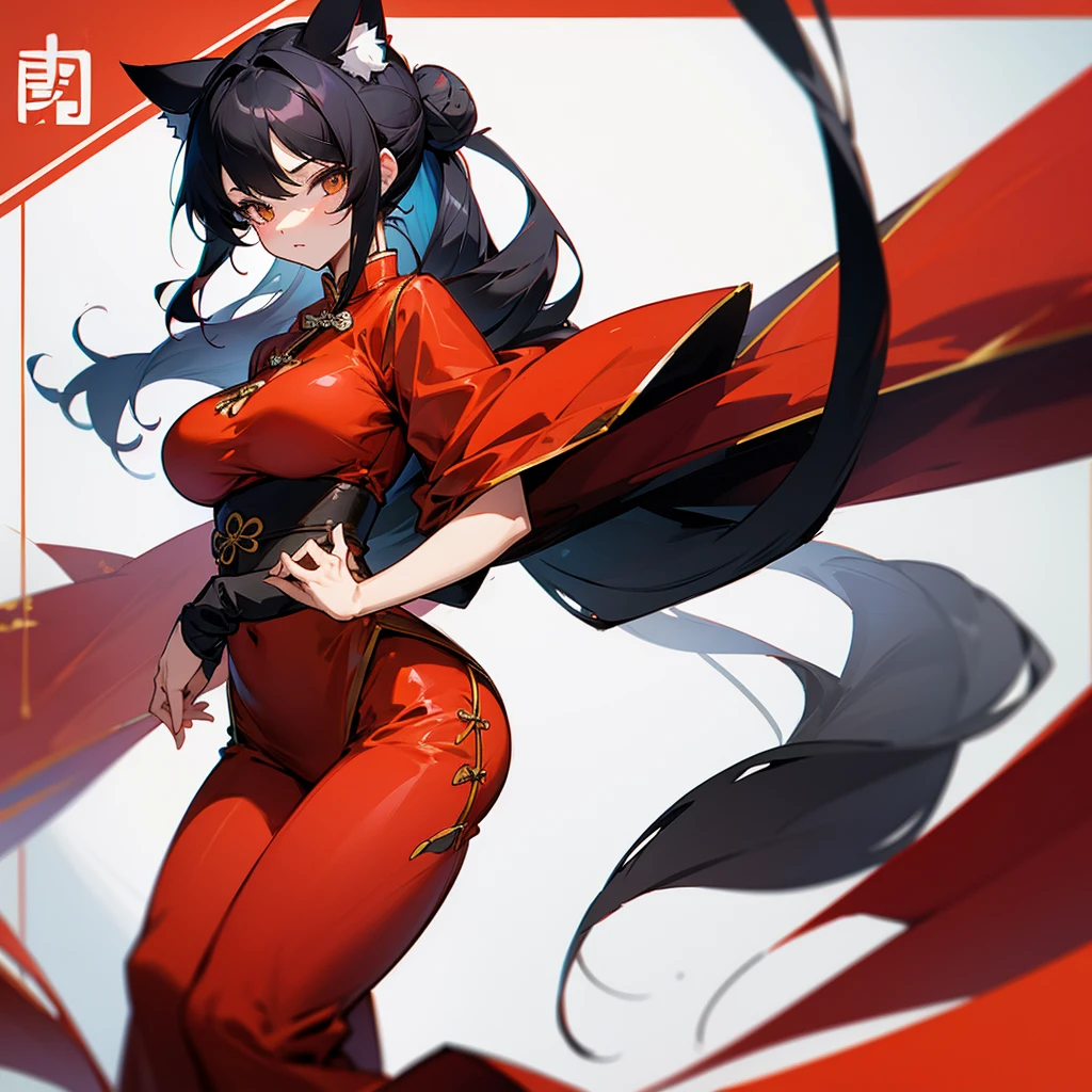 Black Hair、A cute girl with cat eyes, cat ears, red Chinese clothes and big breasts is drawn.。The hair is smooth and straight、Bun Hair
