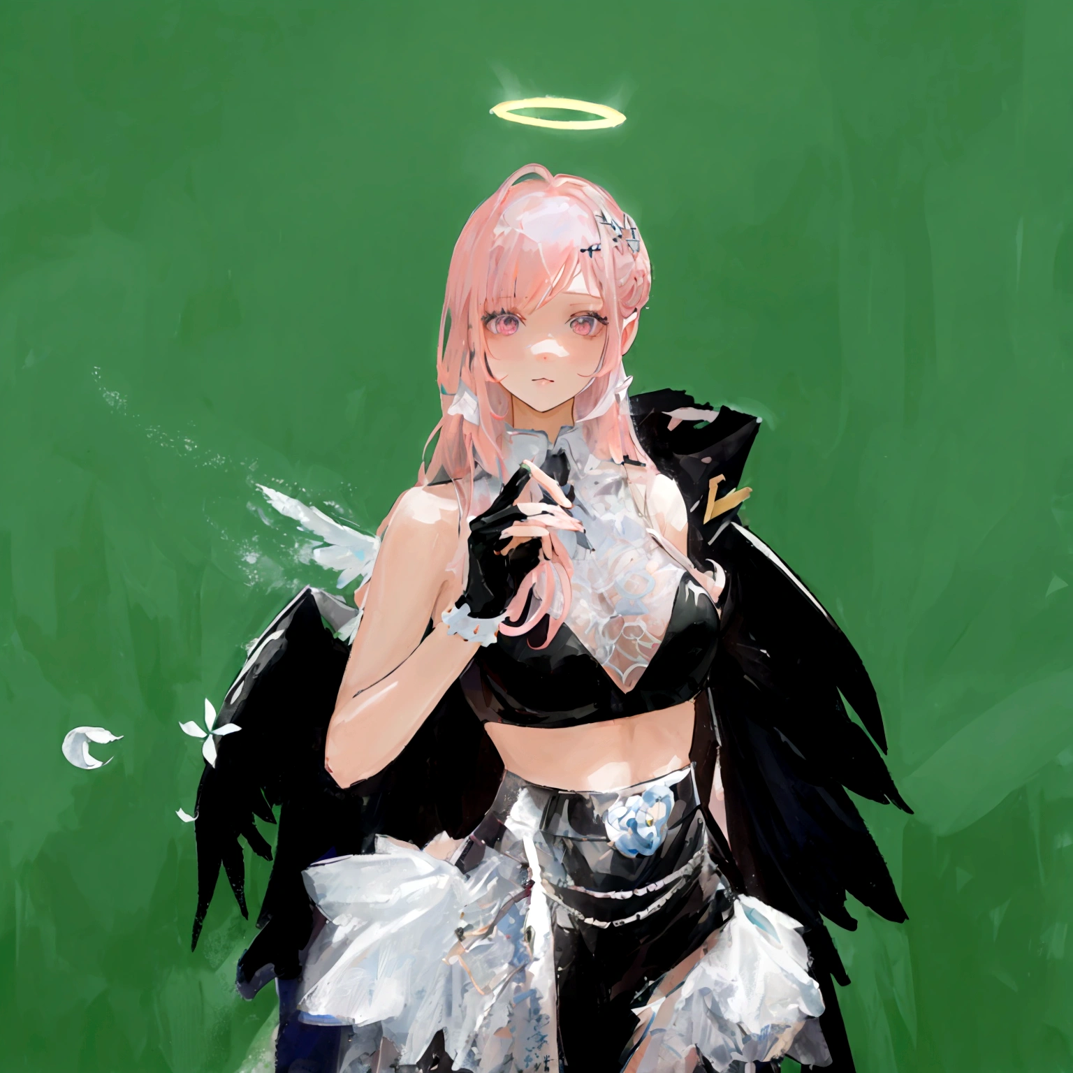 there is a woman with pink hair and angel wings posing, wearing angel halo, young wan angel, full - body majestic angel, wearing angel, villainess has black angel wings, angelic halo, angel halo, angel knight girl, as a mystical valkyrie, of an beautiful angel girl, kda, epic angel wings, npc with a saint's halo, angel knight gothic girl