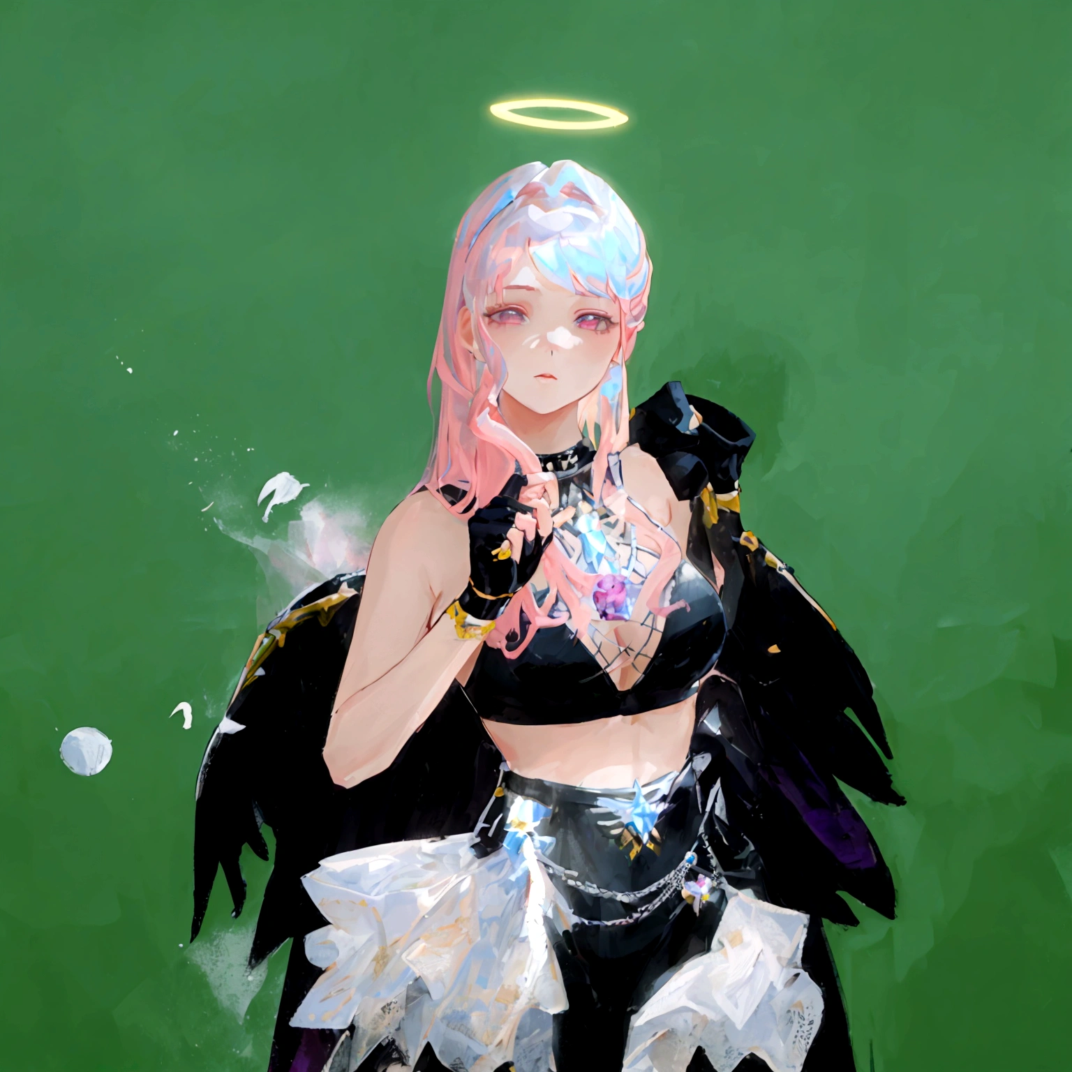 there is a woman with pink hair and angel wings posing, wearing angel halo, young wan angel, full - body majestic angel, wearing angel, villainess has black angel wings, angelic halo, angel halo, angel knight girl, as a mystical valkyrie, of an beautiful angel girl, kda, epic angel wings, npc with a saint's halo, angel knight gothic girl
