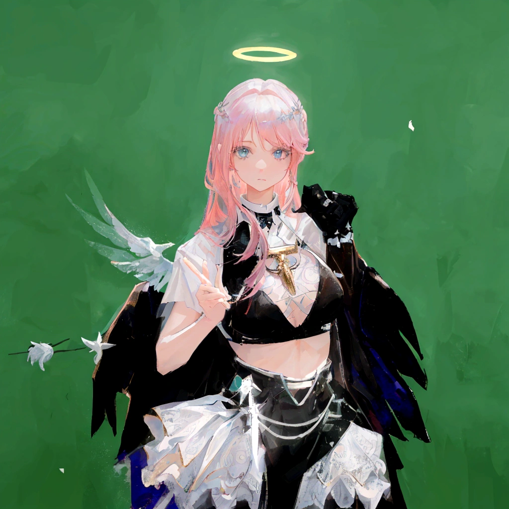 there is a woman with pink hair and angel wings posing, wearing angel halo, young wan angel, full - body majestic angel, wearing angel, villainess has black angel wings, angelic halo, angel halo, angel knight girl, as a mystical valkyrie, of an beautiful angel girl, kda, epic angel wings, npc with a saint's halo, angel knight gothic girl