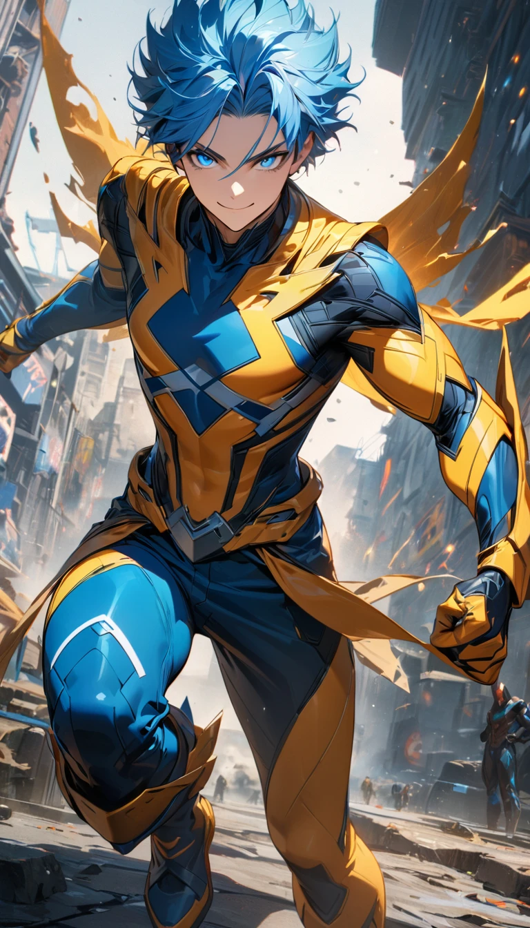 Young boy, short blue hair, blue eyes, smile, superhero form, shorts, sleeveless, X-Men form, Masterpiece, best quality, Full HD, 8k, ultra details, great graphic