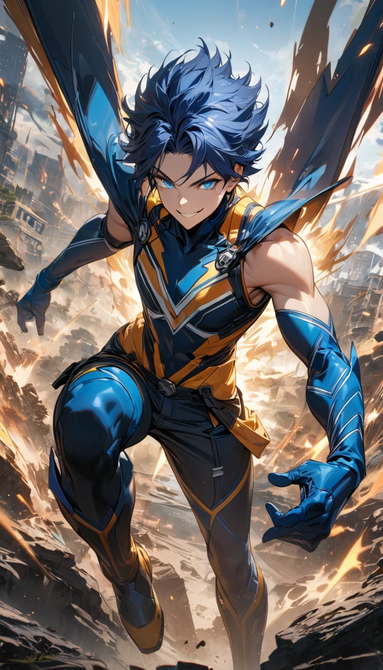Young boy, short blue hair, blue eyes, smile, superhero form, shorts, sleeveless, X-Men form, Masterpiece, best quality, Full HD, 8k, ultra details, great graphic