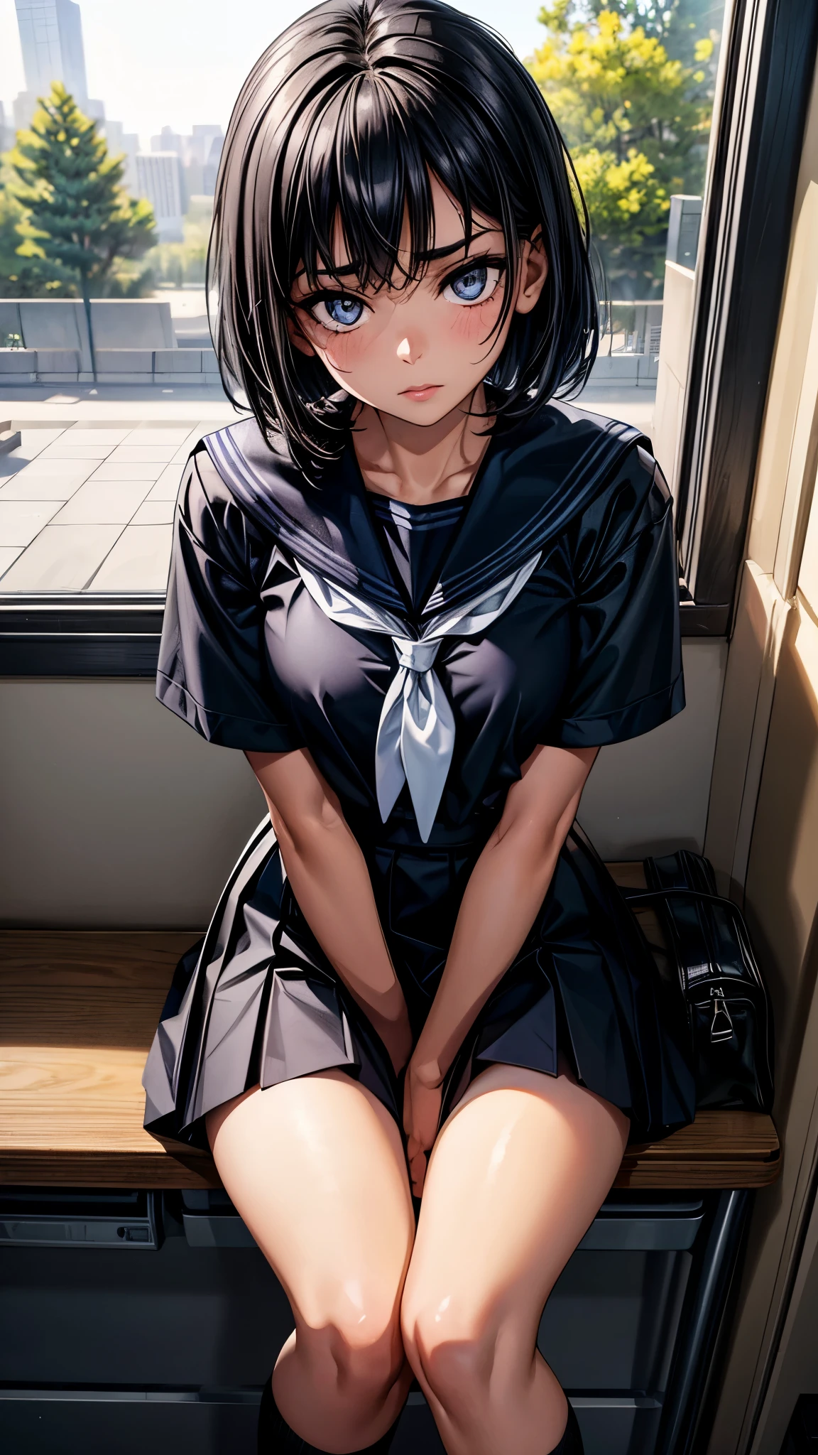 beautiful detailed eyes, beautiful detailed lips, extremely detailed eyes and face, longeyelashes, 1 girl, face close up, inside the school, inside the classroom, 16 years old, sweat, dark skin color, (very short black hair),displeased, sulky, sailor suit, dark blue color, white shirts, short sleeve, school, dark blue skirt, black skirt, high socks, sneaker, school bag, best quality, 4k, 8k, highres, masterpiece:1.2, ultra-detailed, realistic, photorealistic, photo-realistic:1.37, HDR, UHD, studio lighting, ultra-fine painting, sharp focus, physically-based rendering, extreme detail description, professional, vivid colors, bokeh, portraits