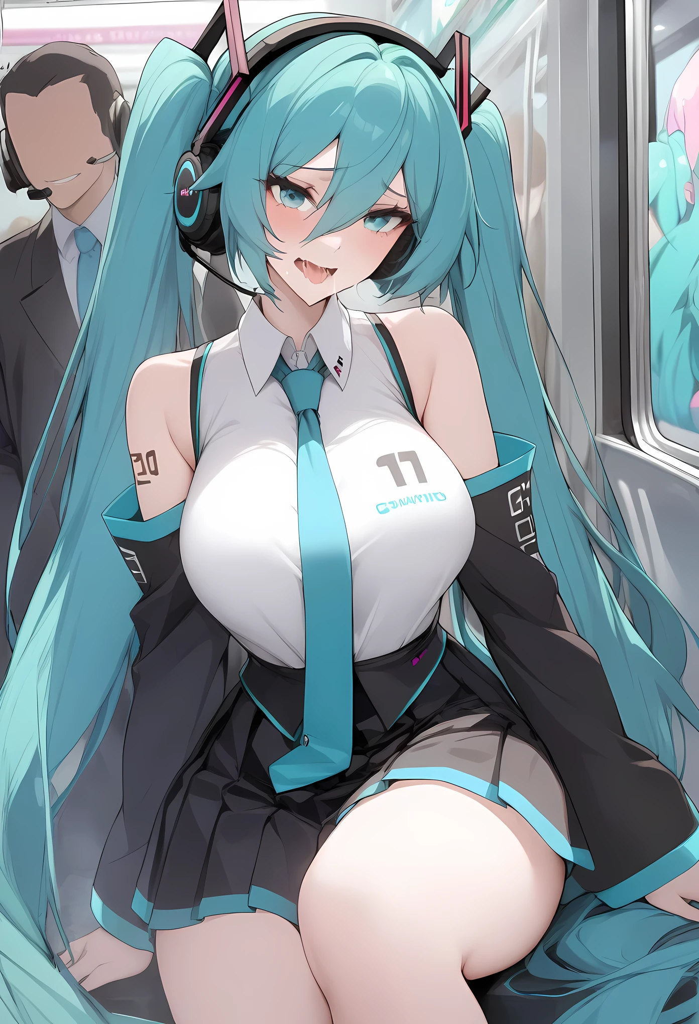 masterpiece, best quality, very aesthetic, absurdres,in subway,grinning faceless_man ,BREAK  1girl,Downturned Mouth Corners, mature_lady,saliva, embarrassed,
hatsune_miku, vocaloid, very_long_hair,  twintails, number_tattoo,aqua_eyes, aqua_hair,headphones, headset, aqua_necktie, collared_shirt, white_shirt,black_sleeves, detached_sleeves, black_skirt,  pleated_skirt,