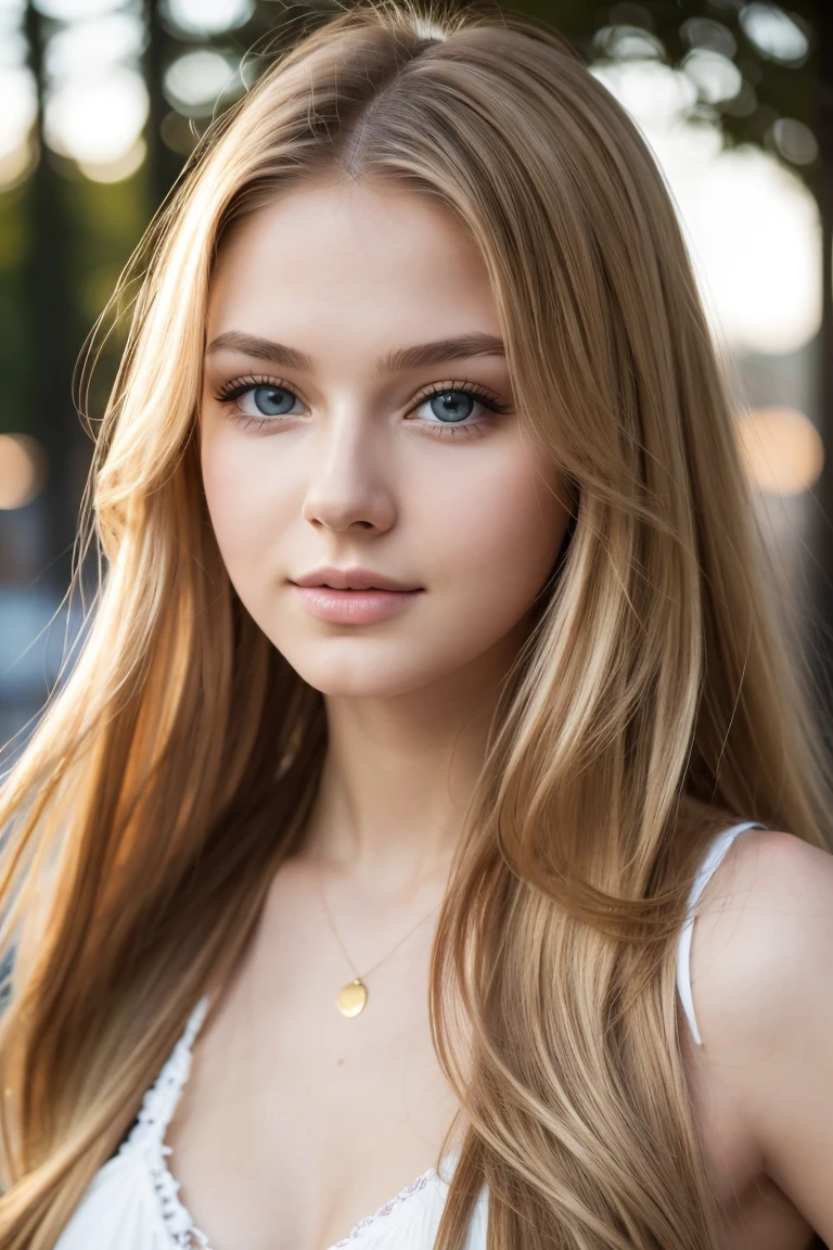 A photorealistic portrait of a 20-year-old russian girl with long, flowing blond hair and striking brown eyes. She should have a natural, approachable expression and be illuminated by soft, golden-hour sunlight. The background should be a scenic outdoor setting, perhaps a sunlit park or beach. Capture this image with a high- resolution photograph using an 85mm lens for a flattering perspective.