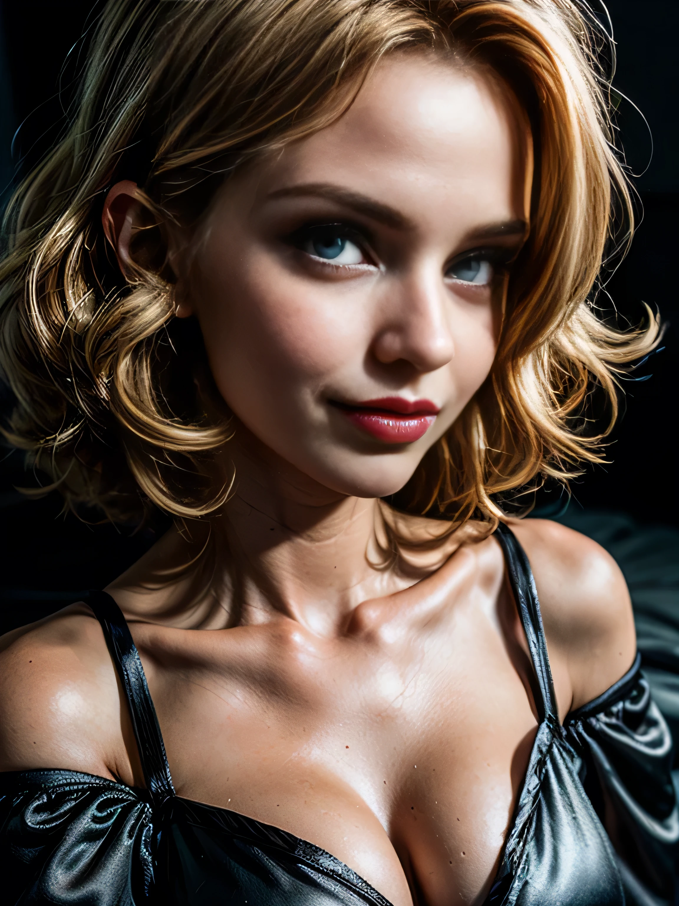 (masterpiece, photorealistic:1.4, extremely intricate:1.3), (photon mapping, radiosity, physically based rendering, ultra resolution, hyper-realistic, photorealistic:1.4, hyper-realistic, 8K), ((((solo, 1girl) age supermodel female, (mysterious, smirk, bright lipstick)), makeup:1.2)), dark room, dark background, black background, solo, BREAK; BREAK ((((blonde short curly hair, [green eyes:blue eyes:0.8])))), (freckles: 0.6), ((body tattoo: 0.9)), ((fujicolor)), (((([large breasts:medium breasts:0.5], (bedroom, (black silk pajamas, off shoulder, 19 years old)), ((portrait, closeup, decolletage))), dark bedsheet, bokeh, sharp focus)))