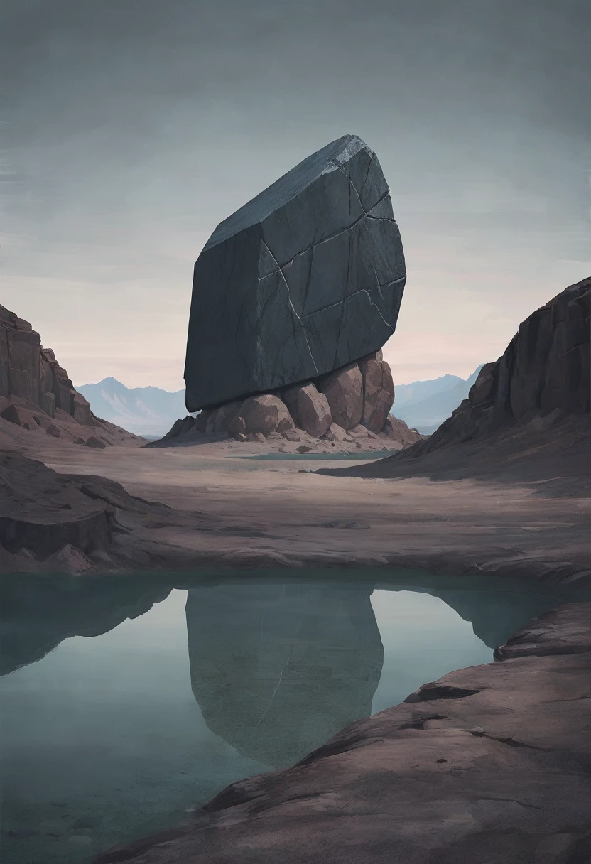 A huge sacred stone in a minimalist surreal landscape