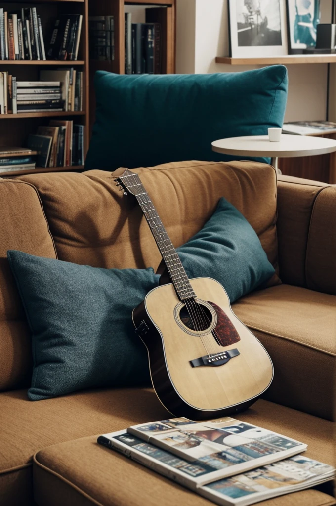 An acoustic guitar can be seen on a sofa. It also looks like some clothes on the sofa. Books and magazines were scattered under the sofa. Describe the situation from a close-up with an emphasis on space, shape, interweaving and lighting, seni halus.