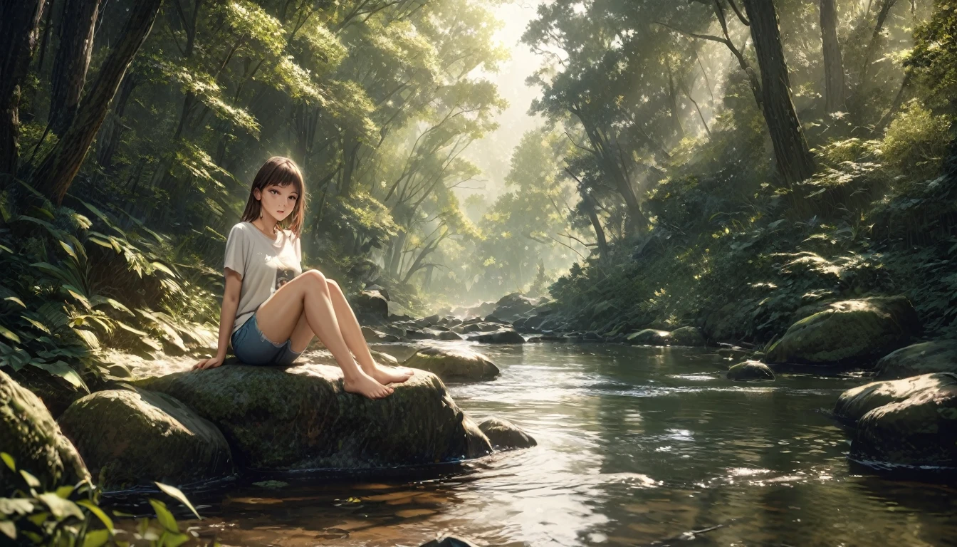 (Highest quality, masterpiece:1.2), Very detailed, Realistic:1.37, 8K, High resolution, Very detailed背景, Silhouette of a girl walking through a stream in a woodland, (Short sleeves and long pants、Jeans on a t-shirt), Forest Trees々々The sunlight shining through, Beautiful girl relaxing barefoot in a stream, Sitting on a rock, Beautiful scenery decorated with earth tones, A Hopeful Outlook, Expressions that evoke tender feelings in the viewer, 、Prioritize the view、Anime Face、Well-proportioned face、