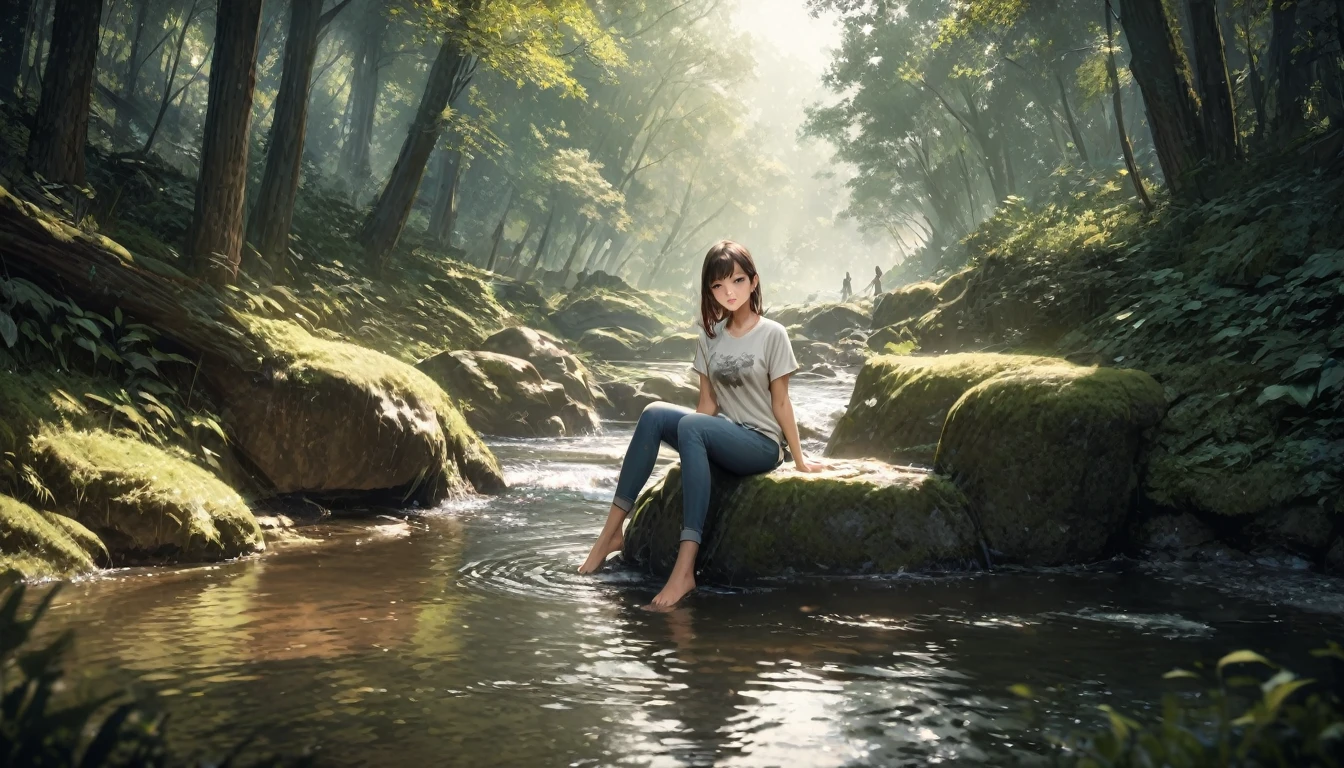 (Highest quality, masterpiece:1.2), Very detailed, Realistic:1.37, 8K, High resolution, Very detailed背景, Silhouette of a girl walking through a stream in a woodland, (Short sleeves and long pants、Jeans on a t-shirt), Forest Trees々々The sunlight shining through, Beautiful girl relaxing barefoot in a stream, Sitting on a rock, Beautiful scenery decorated with earth tones, A Hopeful Outlook, Expressions that evoke tender feelings in the viewer, 、Prioritize the view、Anime Face、Well-proportioned face、