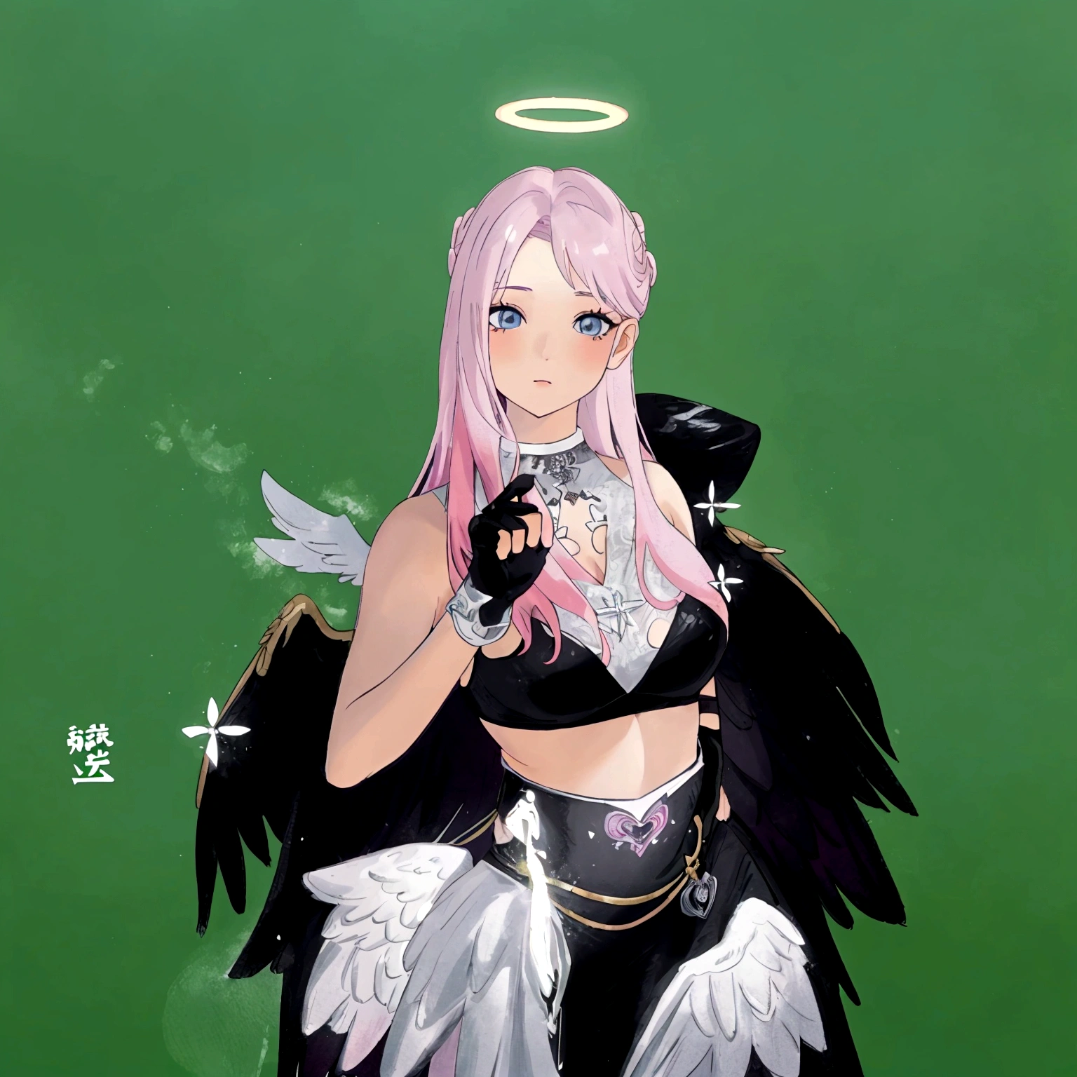 there is a woman with pink hair and angel wings posing, wearing angel halo, young wan angel, full - body majestic angel, wearing angel, villainess has black angel wings, angelic halo, angel halo, angel knight girl, as a mystical valkyrie, of an beautiful angel girl, kda, epic angel wings, npc with a saint's halo, angel knight gothic girl