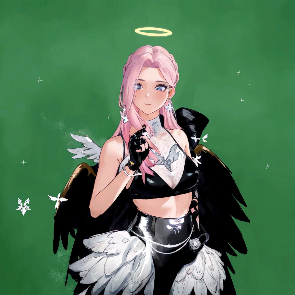 there is a woman with pink hair and angel wings posing, wearing angel halo, young wan angel, full - body majestic angel, wearing angel, villainess has black angel wings, angelic halo, angel halo, angel knight girl, as a mystical valkyrie, of an beautiful angel girl, kda, epic angel wings, npc with a saint's halo, angel knight gothic girl