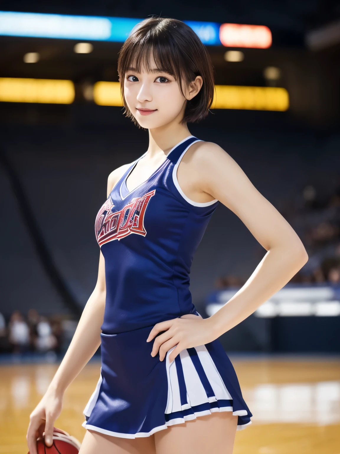 (Cheerleader:1.2),(beautiful girl:1.3), (), (Highest quality:1.4), (Very detailed), (Very detailed美しい顔), (Sweat:1.2), (Dance 1.3), (Look Away:1.5), (Cheerleaderの衣装:1.3), smile, Symmetrical eyes, White skin, Great face, iris, Short Bob Hair, (Skinny body type:1.2), (Flat Chest:1.2),Smooth, Very detailed CG 統合 8k 壁紙, High-resolution RAW color photos, Professional photography, Light, BackLight, dream-like, impressive, Written boundary depth, Basketball court, Cowboy Shot