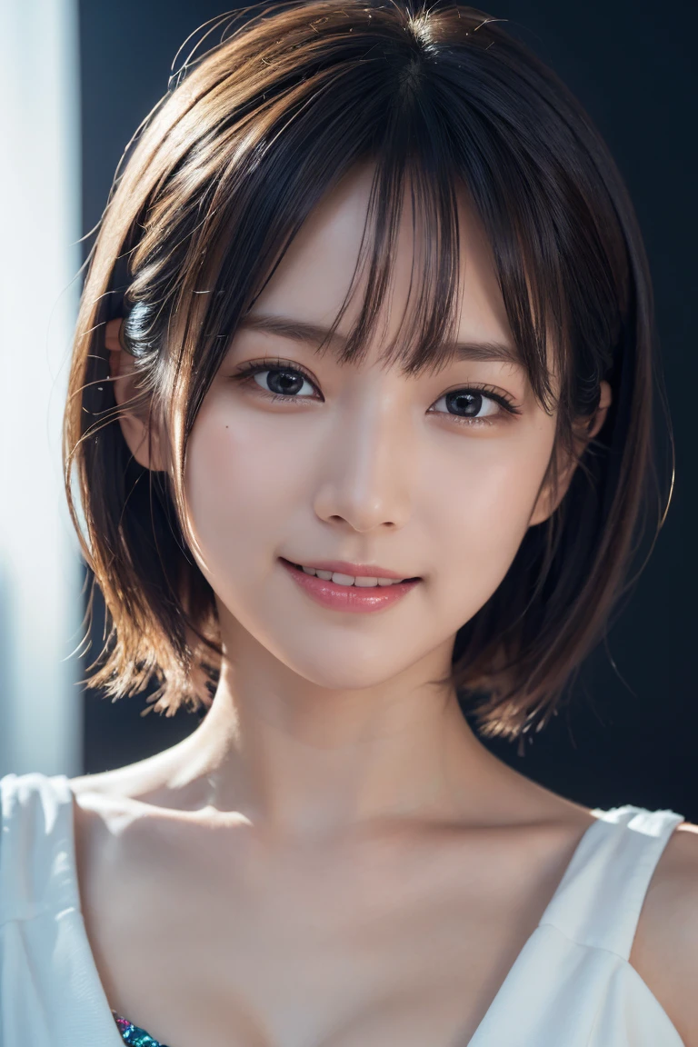 1 girl,(wearing colorful stage costume:1.2),very beautiful japanese idol portrait,close up of face,(RAW photo,best quality),(real,realistic:1.4),(masterpiece),very delicate and beautiful,very detailed,2k wallpaper,amazing,finely detailed,highly detailed CG Unity 8K wallpaper,very detailed,high resolution,soft light,beautiful detailed girl,very detailed eyes and face,beautiful refined nose,finely beautiful eyes,cinema lighting,(simple light color background:1.3),(short hair),(bob),full anatomy,slender body,small breasts,smiling,ビーチバレー