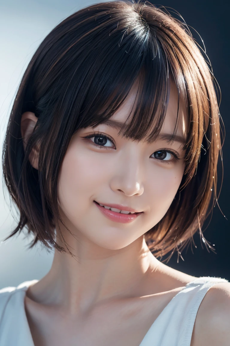 1 girl,(wearing colorful stage costume:1.2),very beautiful japanese idol portrait,close up of face,(RAW photo,best quality),(real,realistic:1.4),(masterpiece),very delicate and beautiful,very detailed,2k wallpaper,amazing,finely detailed,highly detailed CG Unity 8K wallpaper,very detailed,high resolution,soft light,beautiful detailed girl,very detailed eyes and face,beautiful refined nose,finely beautiful eyes,cinema lighting,(simple light color background:1.3),(short hair),(bob),full anatomy,slender body,small breasts,smiling,ビーチバレー