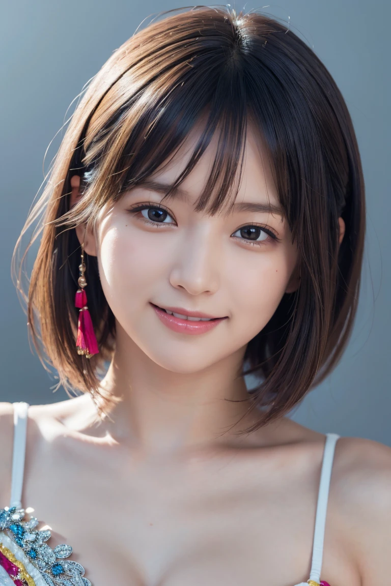 1 girl,(wearing colorful stage costume:1.2),very beautiful japanese idol portrait,close up of face,(RAW photo,best quality),(real,realistic:1.4),(masterpiece),very delicate and beautiful,very detailed,2k wallpaper,amazing,finely detailed,highly detailed CG Unity 8K wallpaper,very detailed,high resolution,soft light,beautiful detailed girl,very detailed eyes and face,beautiful refined nose,finely beautiful eyes,cinema lighting,(simple light color background:1.3),(short hair),(bob),full anatomy,slender body,small breasts,smiling,ビーチバレー