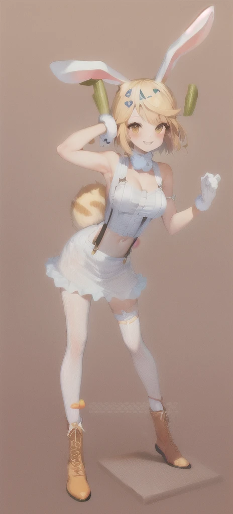 best quality,((medium breasts, slim girl, close-up, portrait)), carrot, 1girl, 独奏, blonde hair, animal ears, rabbit ears, rabbit girl, furry, short hair, smile, rabbit tail, ((slim girl, medium breasts, animal nose)), 1girl, 独奏, animal ears, rabbit ears, boots, tail, rabbit girl, rabbit tail, skirt, hat, suspenders, breasts, full body, short hair, ears through headwear，Chopper&#39;s Hat