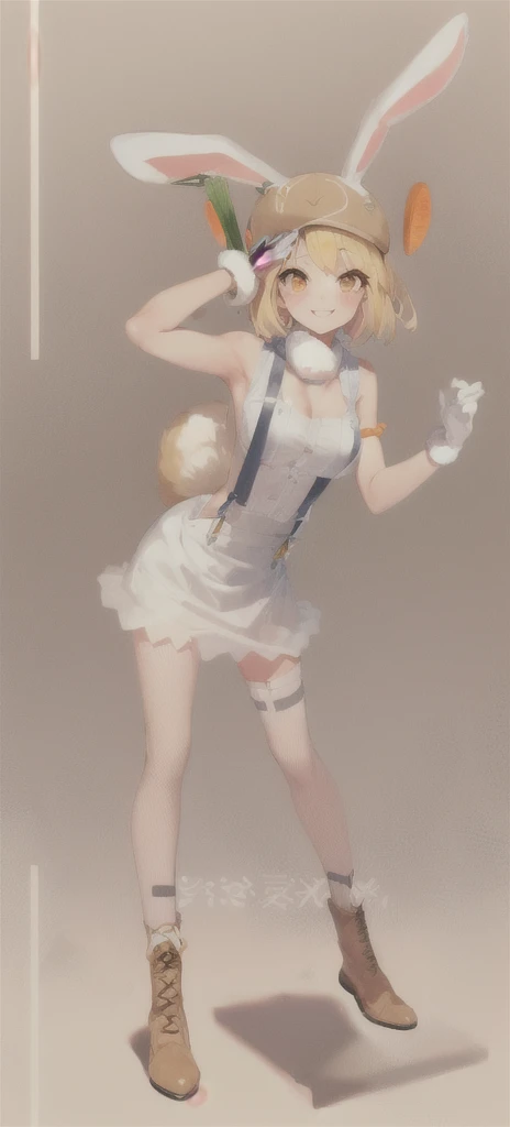 best quality,((medium breasts, slim girl, close-up, portrait)), carrot, 1girl, 独奏, blonde hair, animal ears, rabbit ears, rabbit girl, furry, short hair, smile, rabbit tail, ((slim girl, medium breasts, animal nose)), 1girl, 独奏, animal ears, rabbit ears, boots, tail, rabbit girl, rabbit tail, skirt, hat, suspenders, breasts, full body, short hair, ears through headwear，Chopper&#39;s Hat