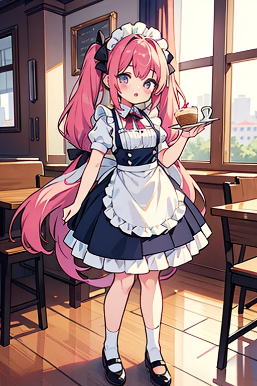 One adult woman,hair_Navy Blue,Twin tails,big tail,Cafe Waitress,apron_red,Classic Maid,Clothes_red,gentleman_long,eye_pink,socks_white,pumps_black,clear,Elegant,red面