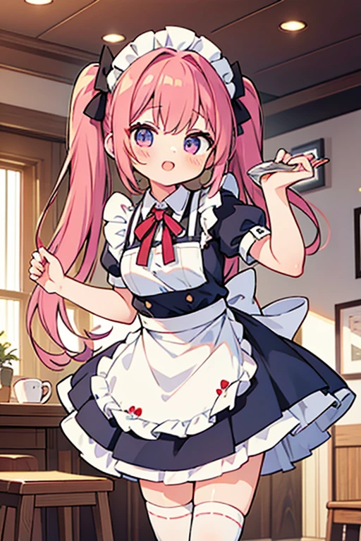 One adult woman,hair_Navy Blue,Twin tails,big tail,Cafe Waitress,apron_red,Classic Maid,Clothes_red,gentleman_long,eye_pink,socks_white,pumps_black,clear,Elegant,red面
