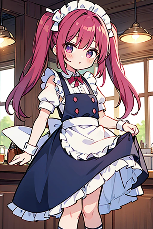 One adult woman,hair_Navy Blue,Twin tails,big tail,Cafe Waitress,apron_red,Classic Maid,Clothes_red,gentleman_long,eye_pink,socks_white,pumps_black,clear,Elegant,red面