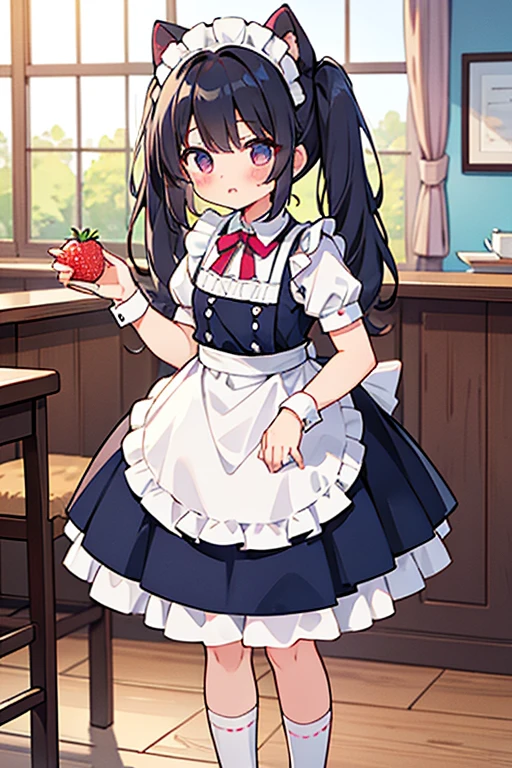 One girl,Cafe Waitress,hair_Rich blue,Twin tails,big tail,apron,Classic Maid_strawberry,long,eye_Magenta,socks_white,pumps_black
