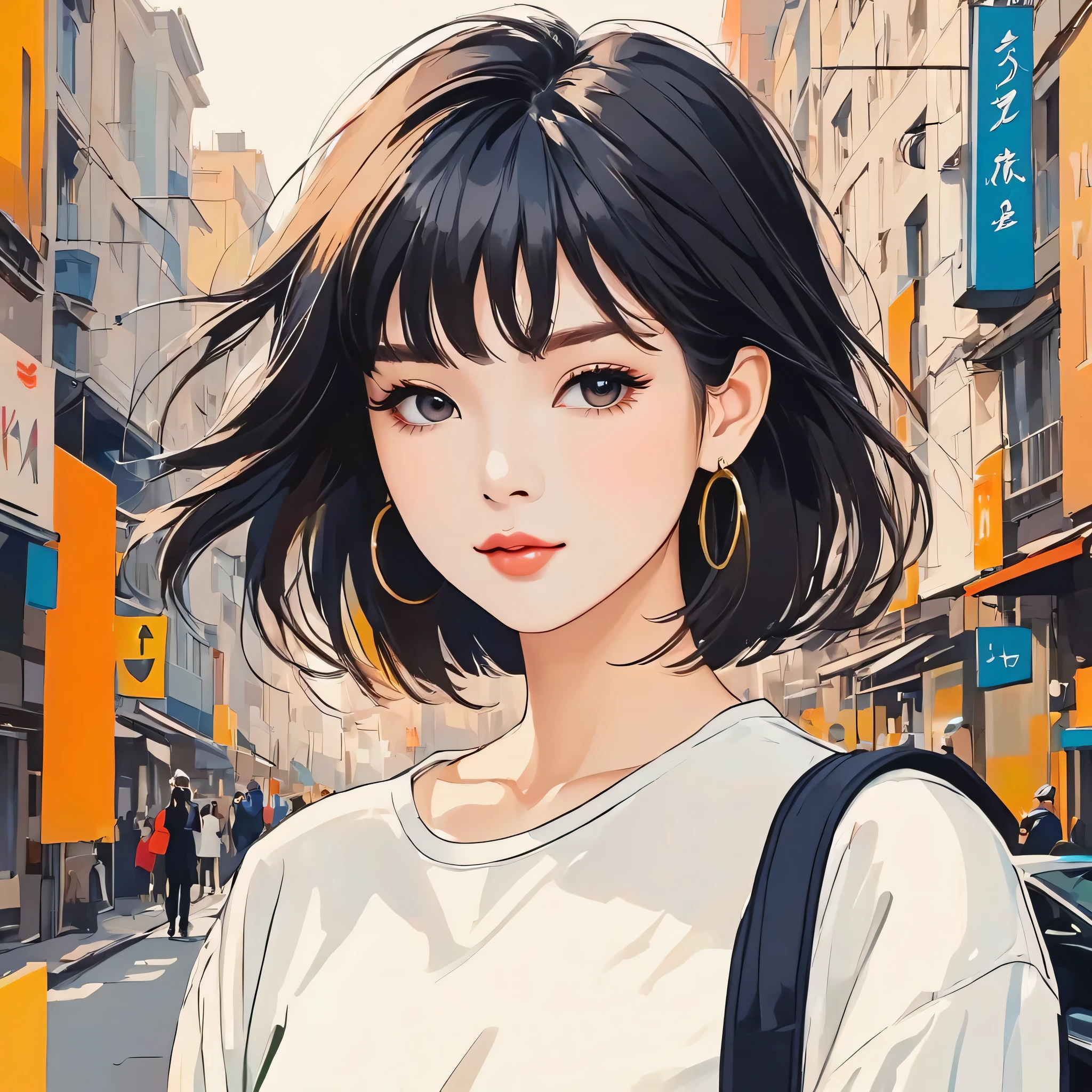 Mika Pikazo style, Simple Line Initialism,Abstract art,Urban Background, (((The most beautiful girl of all time))), Sweet face.