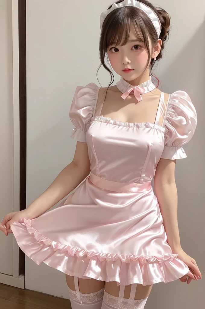 Highest quality、Shiny silk short sleeve puff sleeve pink maid outfit、See-through、Very short skirt、Voluminous red ribbon、Round collar、A short white ruffled apron、White garter belt with ribbon、Pink high heels with ribbon、Large headband with ribbon、Flushed Cheeks、Embarrassed look、White underwear、Soaking wet、Pool、Facing forward、Spread your legs