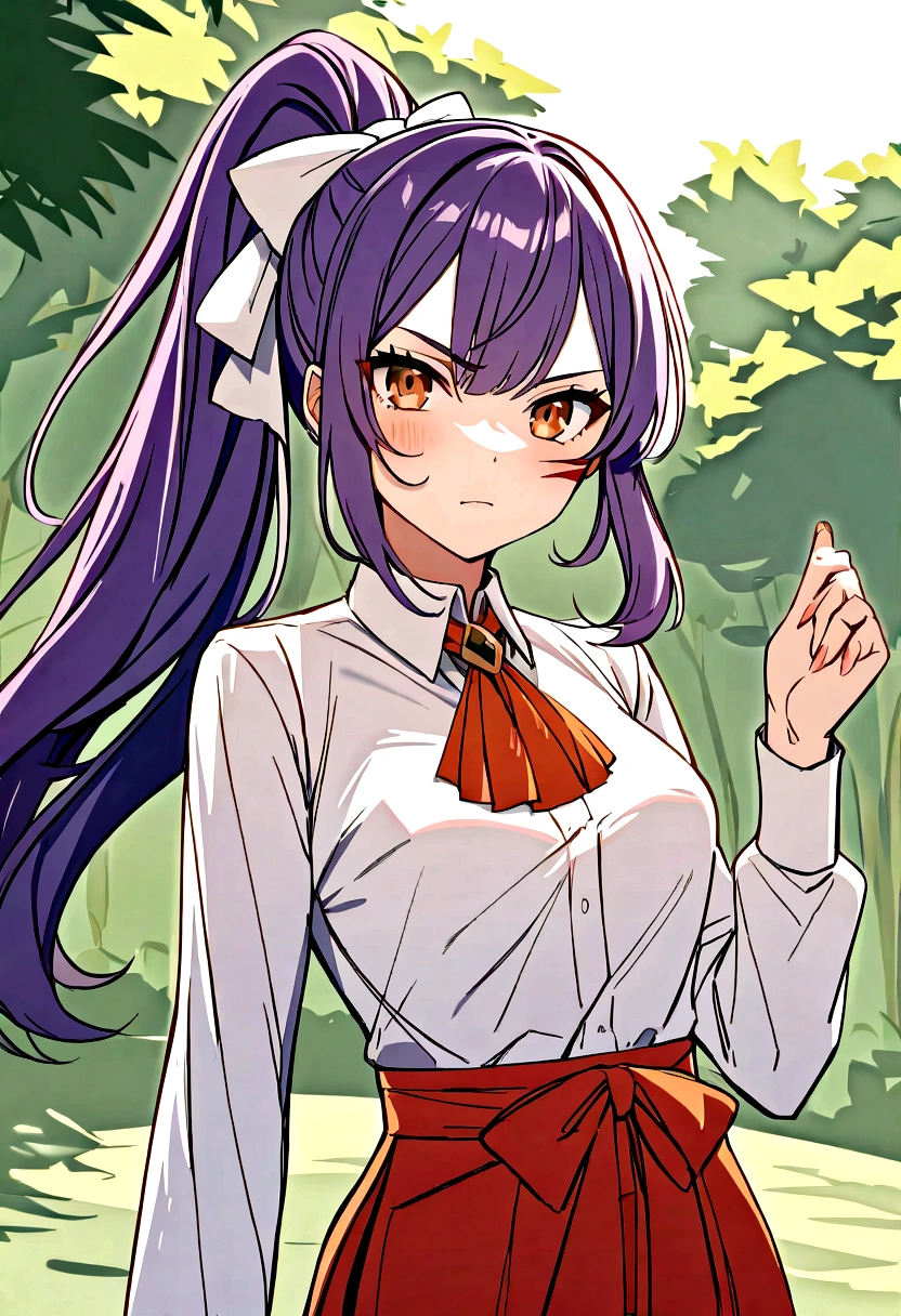 long hair
purple hair
ponytail
brown eyes
scar on face
white hairbow
red hakama
aUtahim