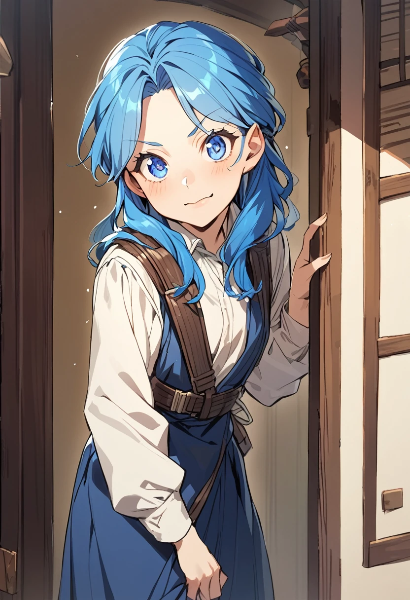 -yeld no girl, blue hair, blue eye balls, wearing traveler's attire, cheeky expression, middle age era