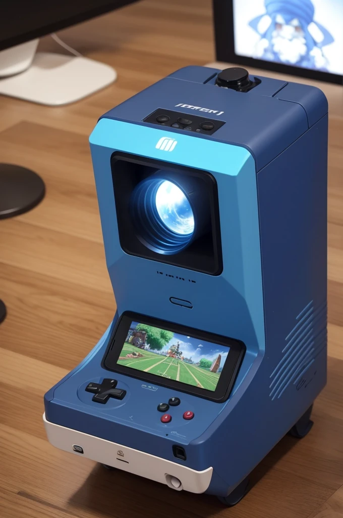 Small portable video game that has a built-in image projector with blue Attari model control