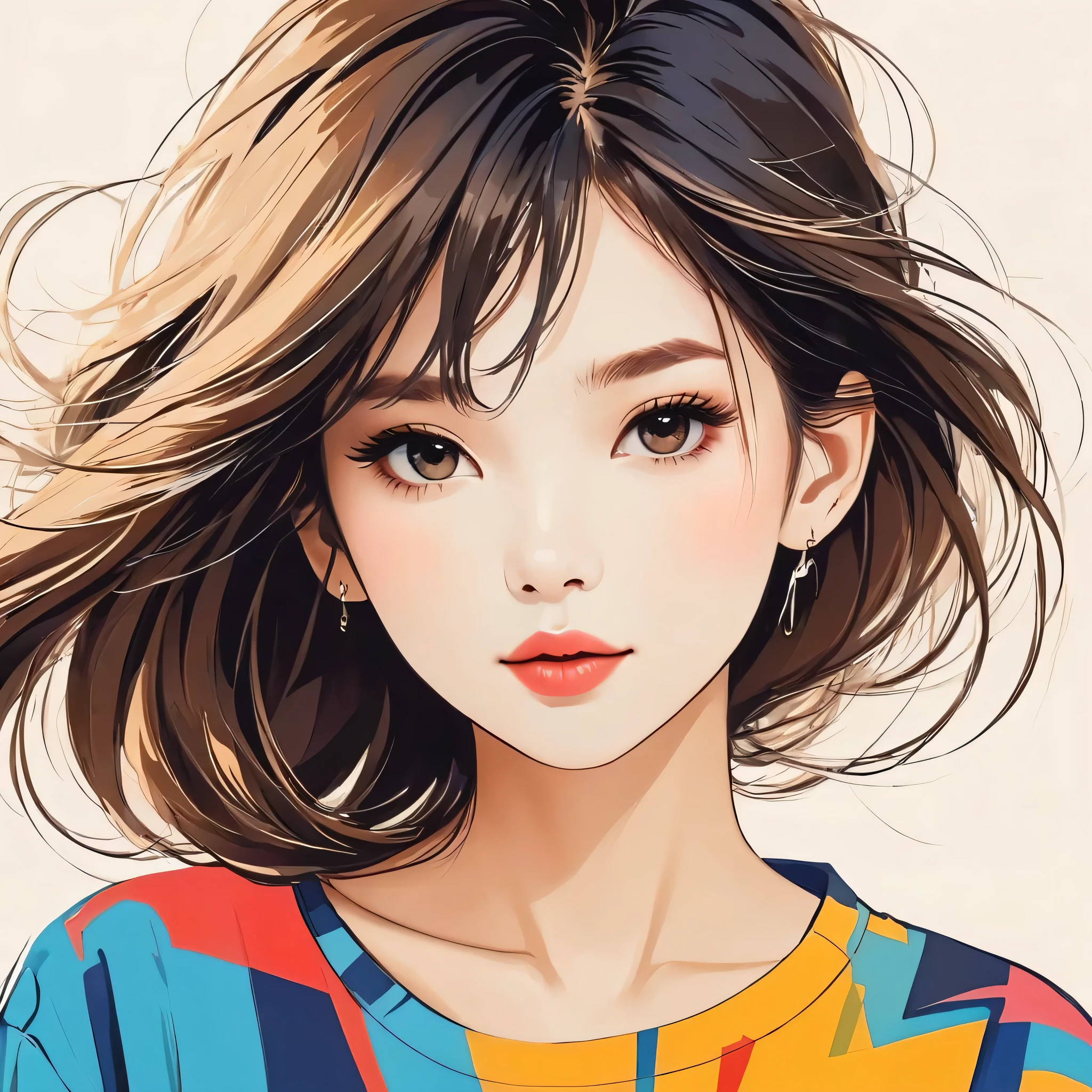 Mika Pikazo style, Simple Line Initialism,Abstract art,Urban Background, (((The most beautiful girl of all time))), Sweet face.