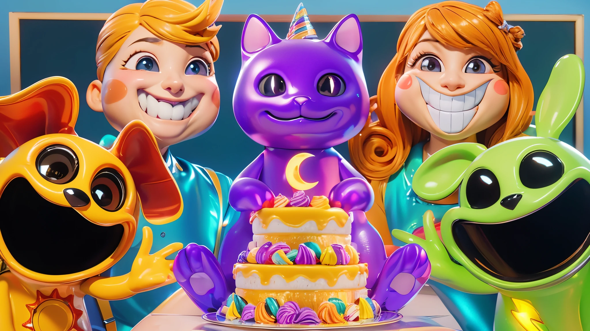 3d style, simplified design, 3d render, glossy texture, smooth 3d model, multiple light sources, rim light, sharp post effects render, (glossy plastic texture with multiple big light probe refractions), perfect cgi, smooth silhouette, high intensity refraction, (super glossy material), most beautiful vfx , blue background, plastic refractions, realistic, 4k, high resolution, rim light, photo shoot, commercial photo, profile shot, 4k, rim light, high resolution, 4k, glossy texture, smooth 3d model, multiple light sources, rim light, sharp post effects render, (glossy metallic texture with multiple big light probe refractions), perfect cgi, cgi art created only with gradients, smooth silhouette, high intensity refraction, (super glossy chrome material), most beautiful vfx, blue background, chrome metal refractions, multiple light sources, rim light, sharp post effects render, perfect cgi, digital art, detailed digital art, reflective, best quality, 4k, masterpiece:1.2, ultra-detailed, realistic, vivid colors, dark and moody lighting, The image of the highest quality, ensuring every detail is showcased perfectly. It in 4k resolution, allowing viewers to immerse themselves in the richness of the colors and intricate details. The realistic rendering. under the spotlight, reflecting, high-resolution image, realistic rendering, dark background, and rim light photorealistic The image features three characters standing in front of three houses. The characters are a red-haired mermaid, a purple cat, and an orange dog. They are each holding a yellow maraca
